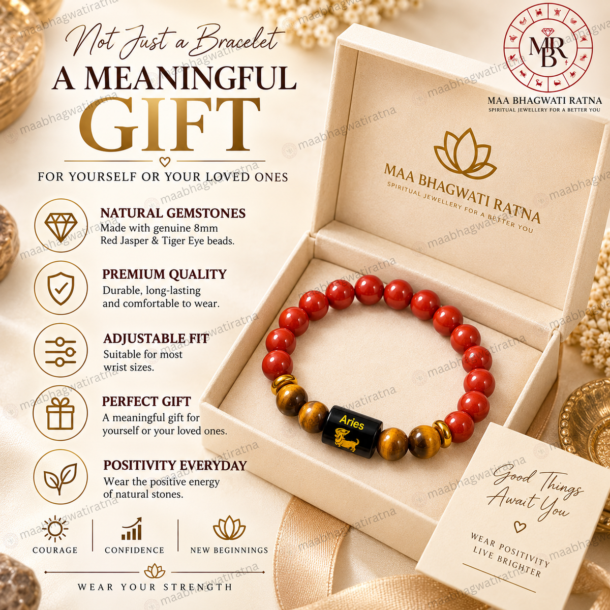 Aries Rashi Bracelet – Mesha Rashi Red Carnelian & Tiger Eye Gemstone Bracelet