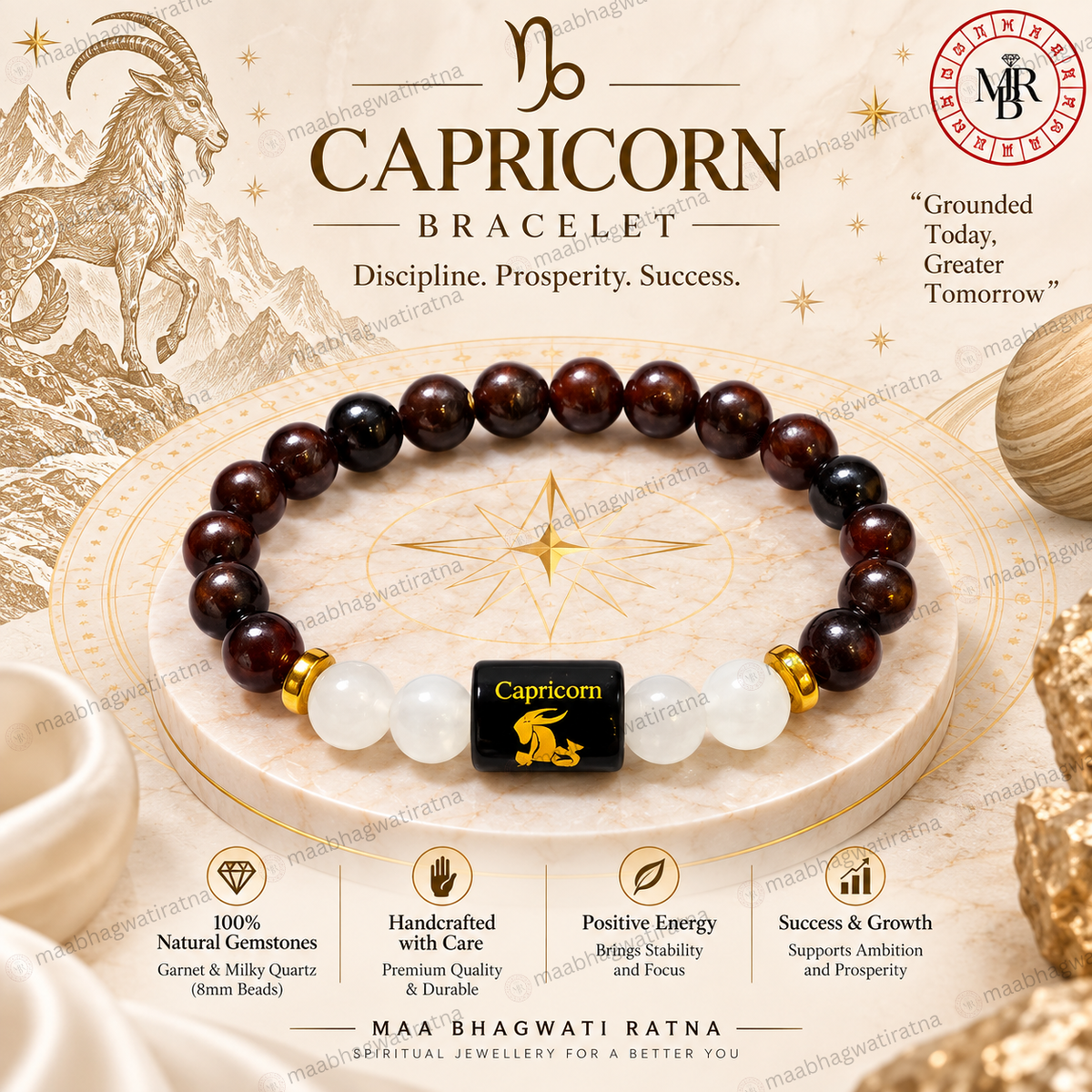 Capricorn Rashi Bracelet – Makara Rashi Dark Stone & White Quartz Bracelet
