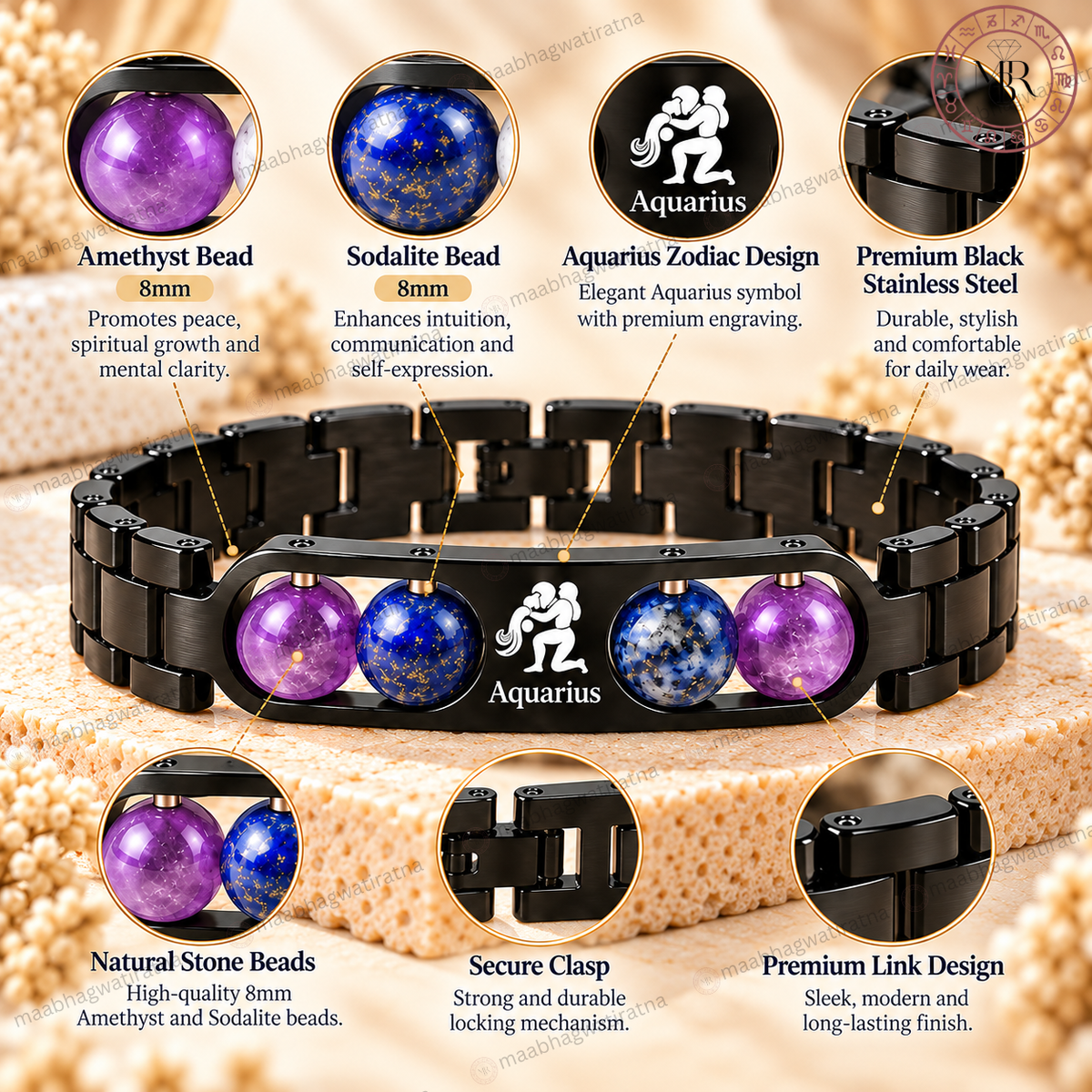 Aquarius (कुंभ राशि) Metal Zodiac Bracelet with Amethyst & Sodalite for Men & Women