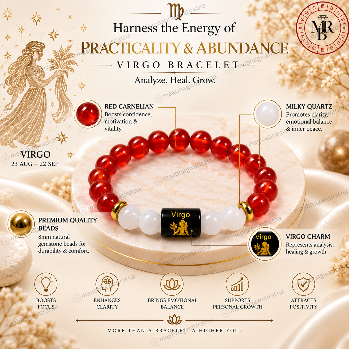 Virgo Rashi Bracelet – Kanya Rashi Red Gemstone & Zodiac Bracelet