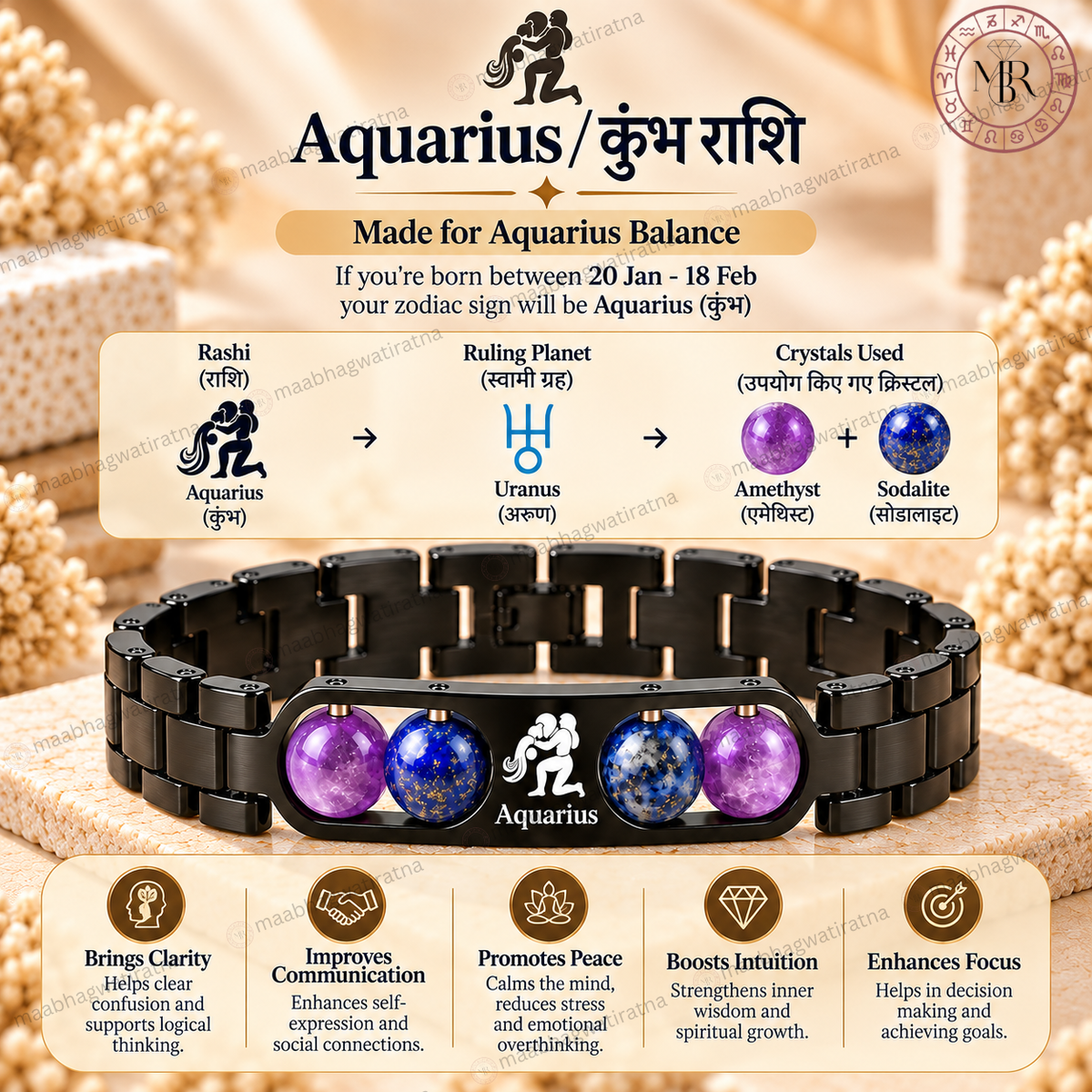 Aquarius (कुंभ राशि) Metal Zodiac Bracelet with Amethyst & Sodalite for Men & Women