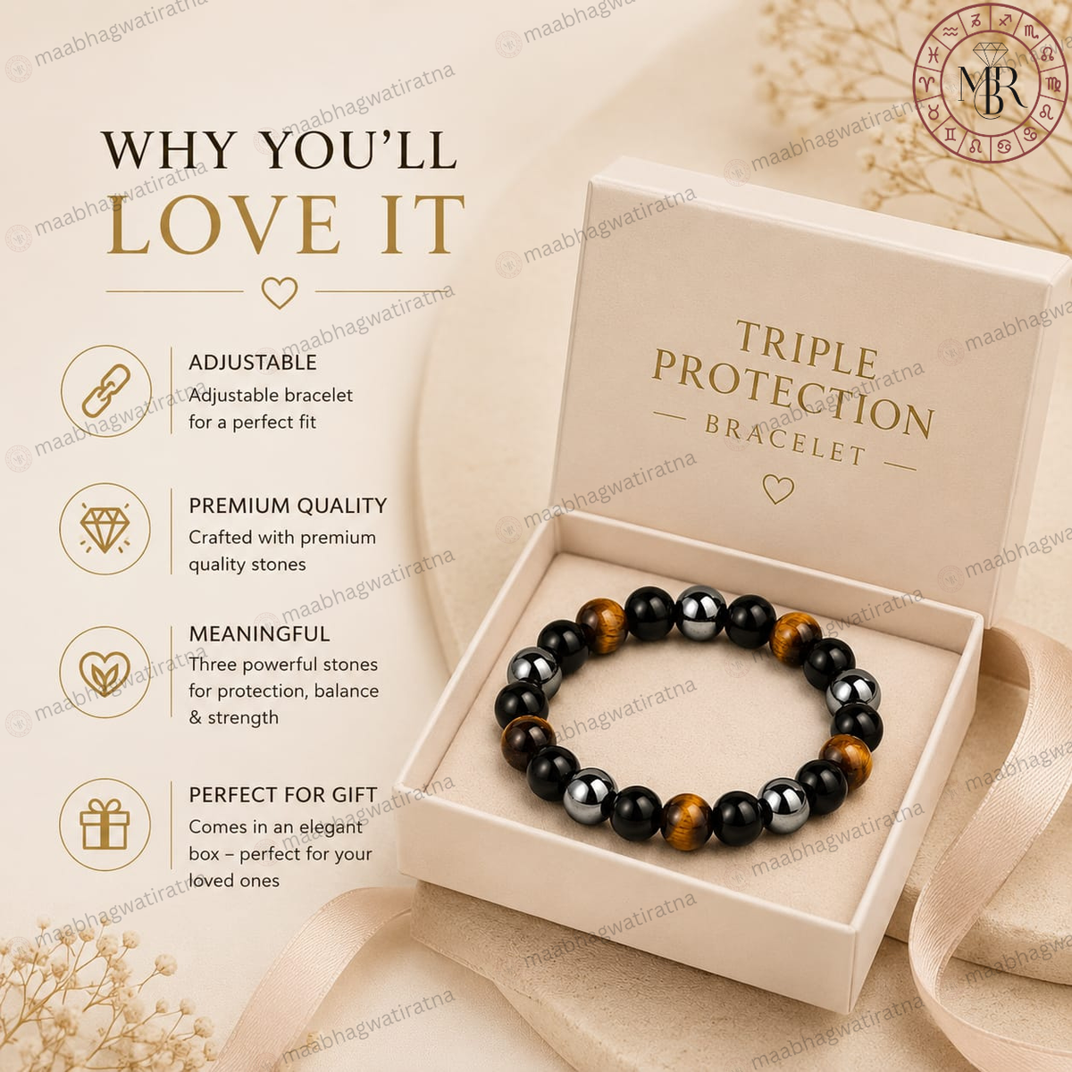 Triple Protection Bracelet – Tiger Eye, Hematite & Black Obsidian