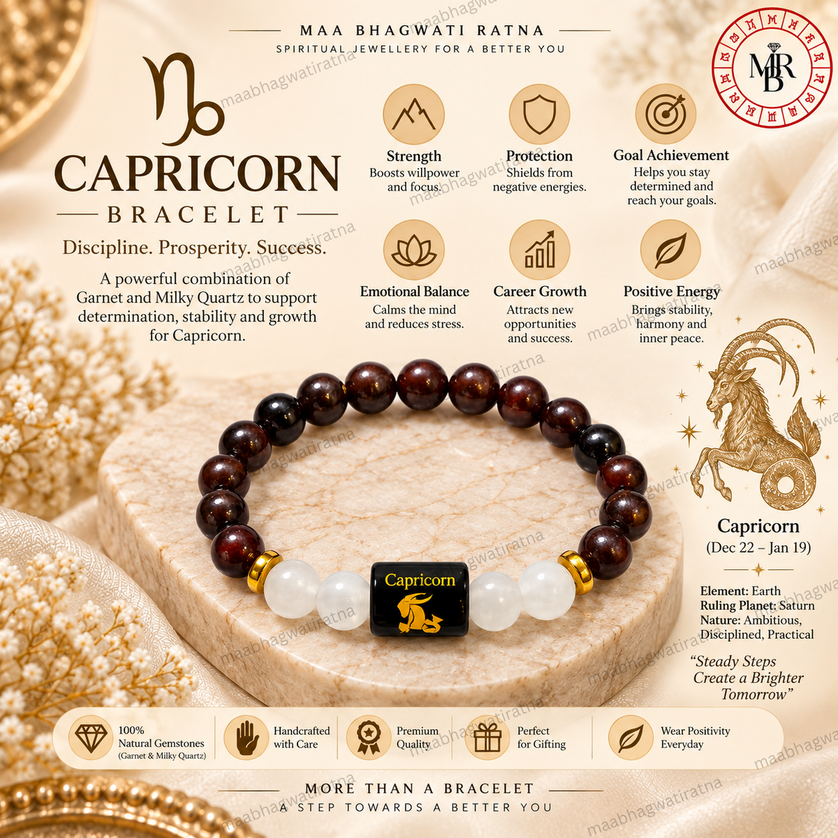 Capricorn Rashi Bracelet – Makara Rashi Dark Stone & White Quartz Bracelet