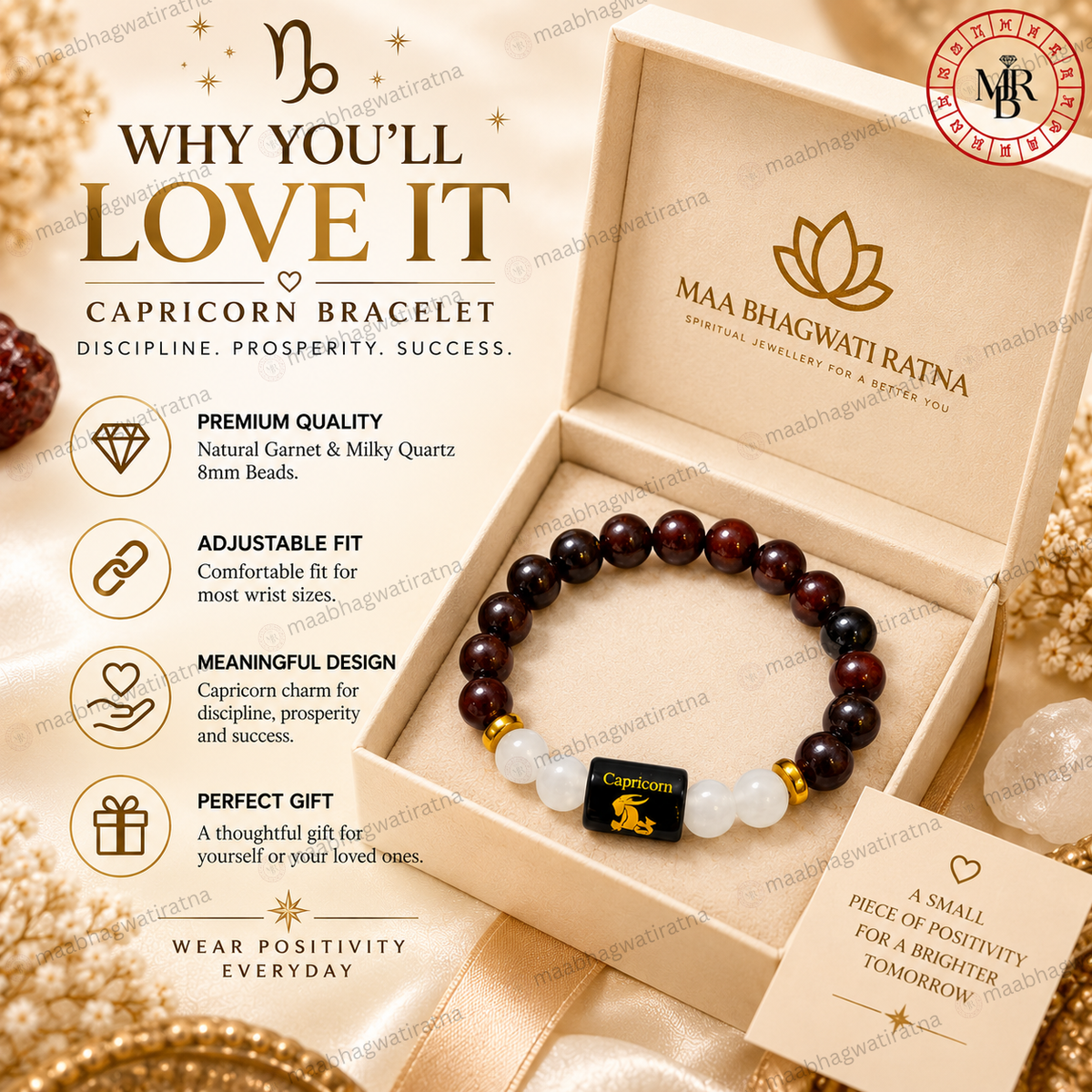 Capricorn Rashi Bracelet – Makara Rashi Dark Stone & White Quartz Bracelet