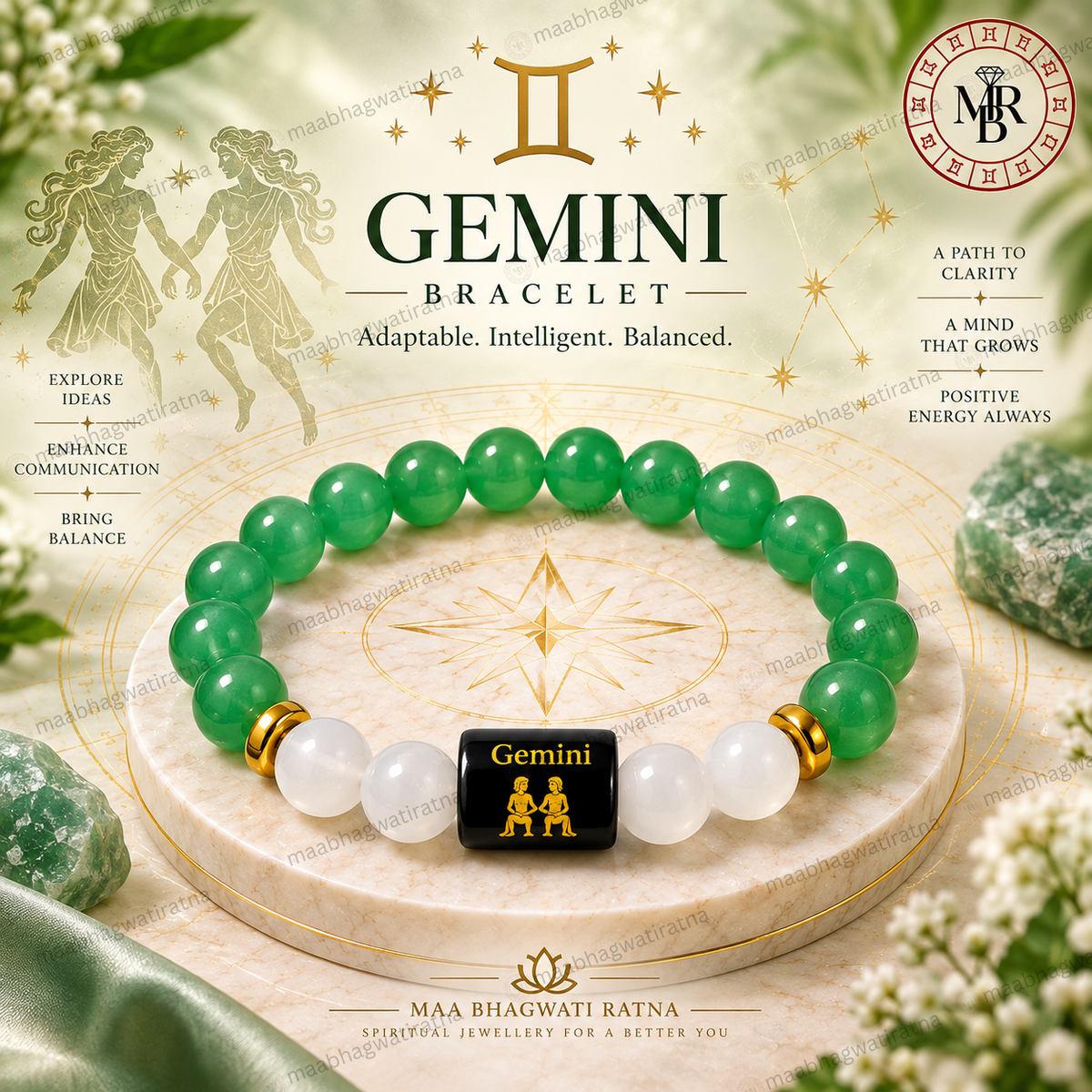 Gemini Rashi Bracelet – Mithuna Rashi Green & White Gemstone Bracelet