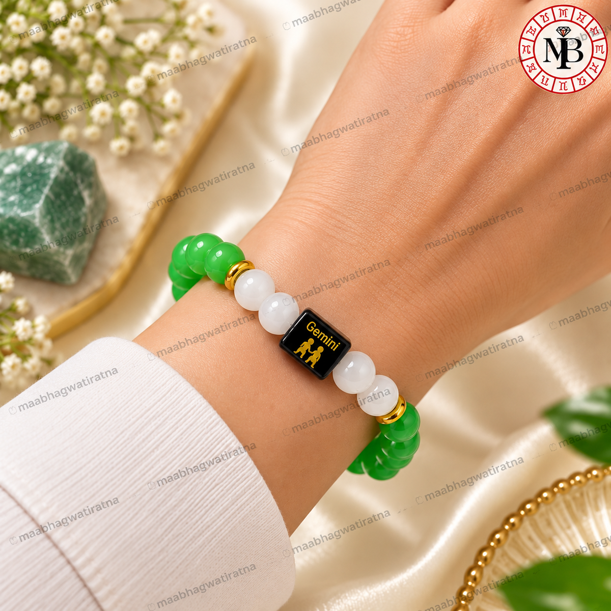 Gemini Rashi Bracelet – Mithuna Rashi Green & White Gemstone Bracelet