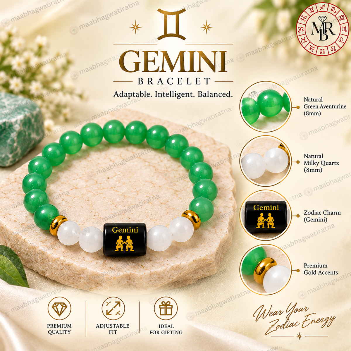 Gemini Rashi Bracelet – Mithuna Rashi Green & White Gemstone Bracelet
