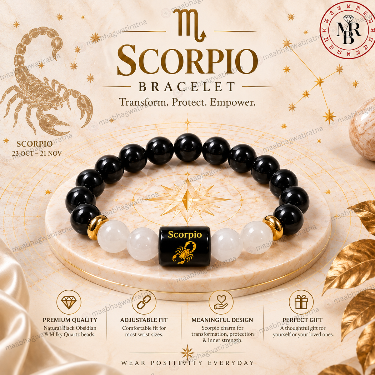 Scorpio Rashi Bracelet – Vrishchika Rashi Black Obsidian & White Stone Bracelet