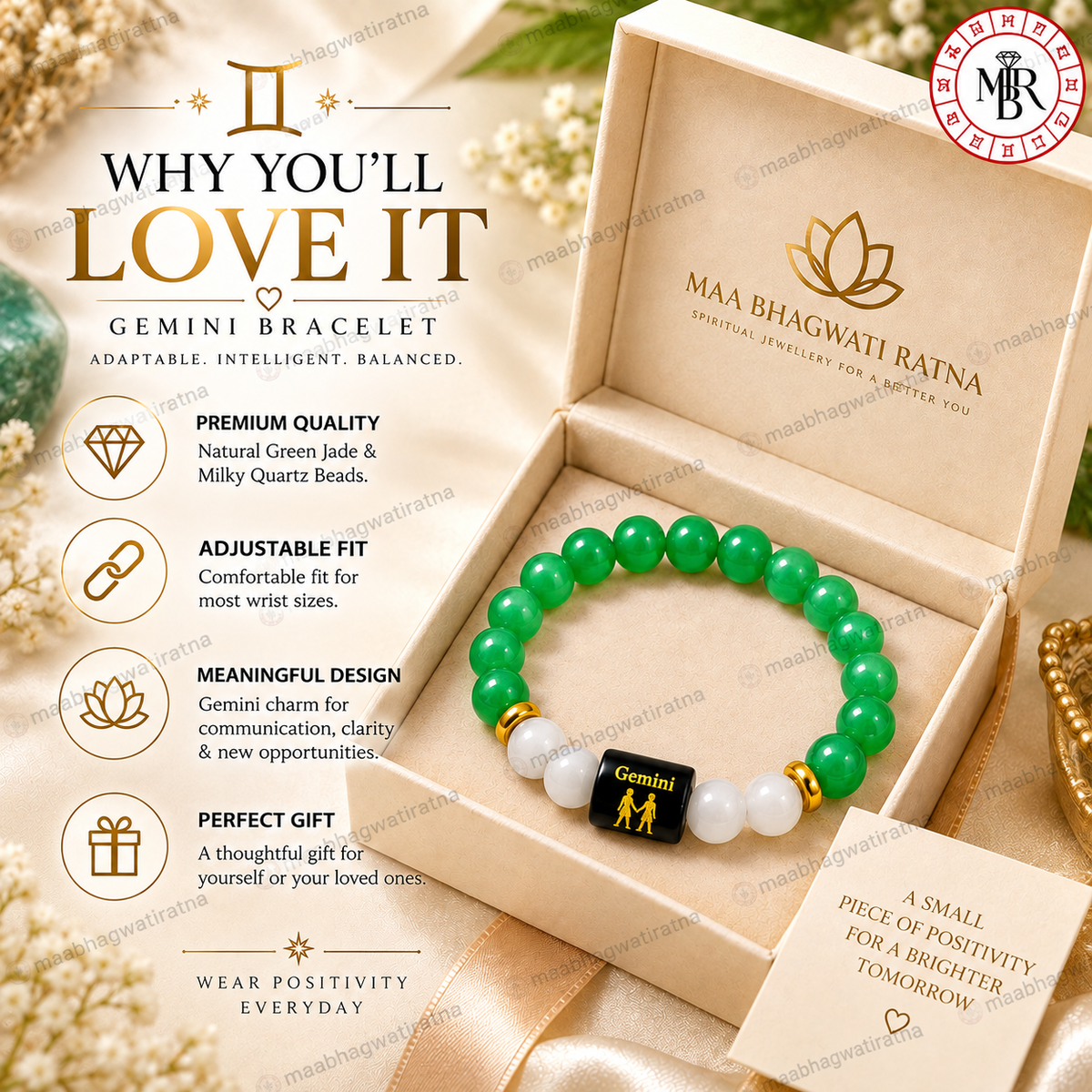 Gemini Rashi Bracelet – Mithuna Rashi Green & White Gemstone Bracelet