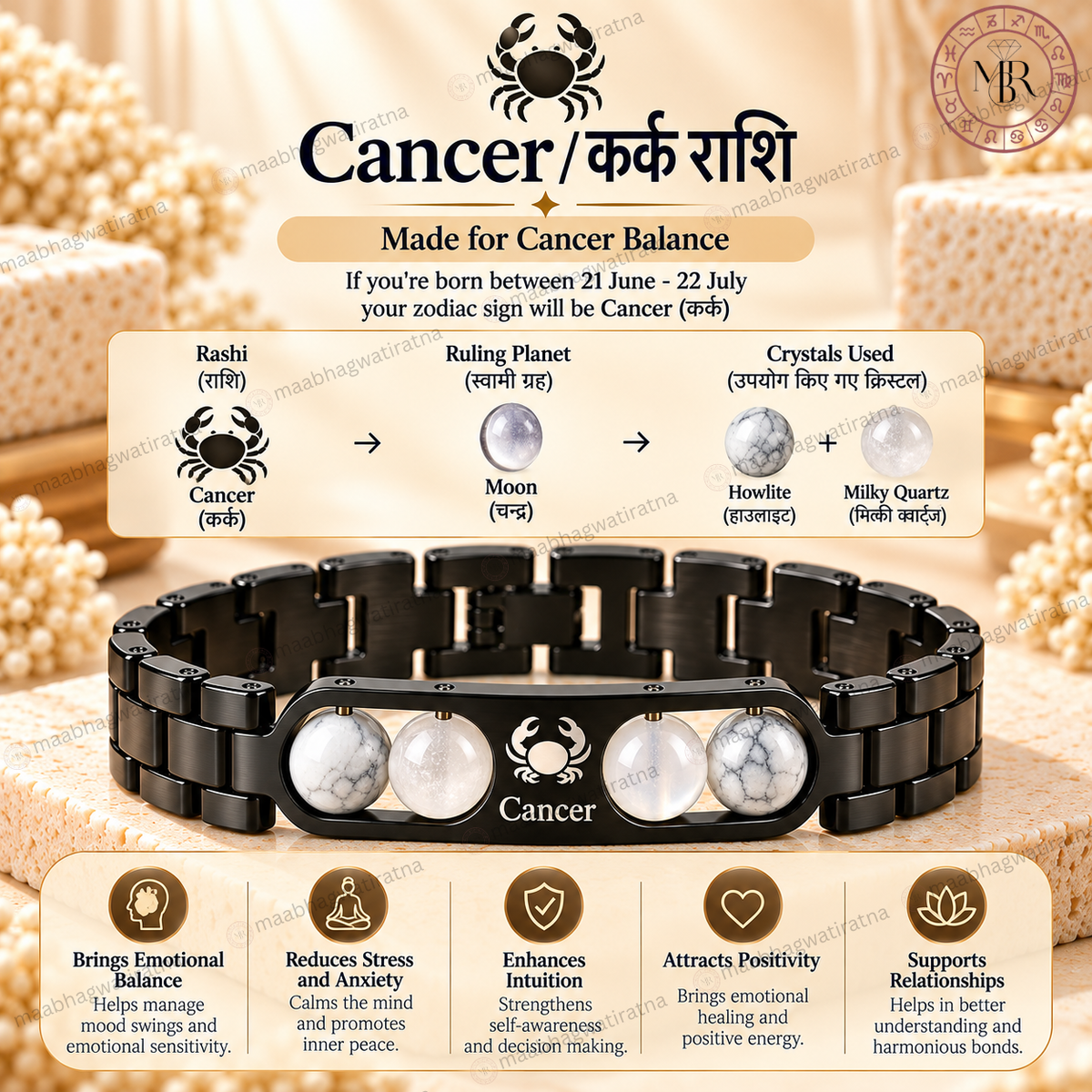 Cancer (कर्क राशि) Metal Zodiac Bracelet for Men & Women