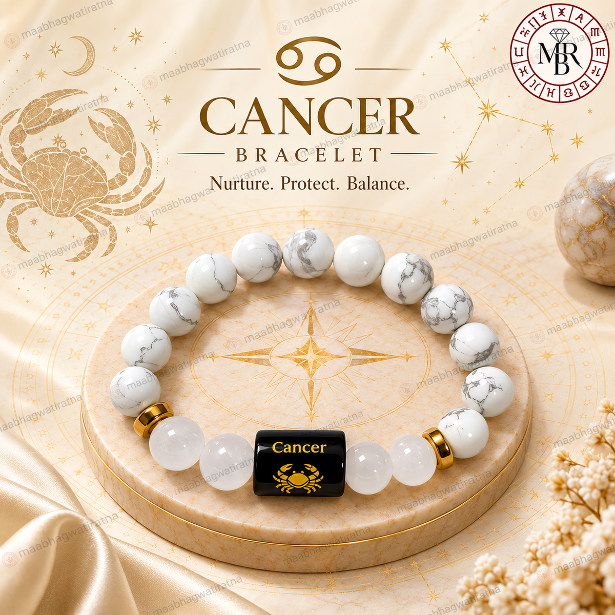 Cancer Rashi Bracelet – Karka Rashi White Gemstone & Zodiac Bracelet
