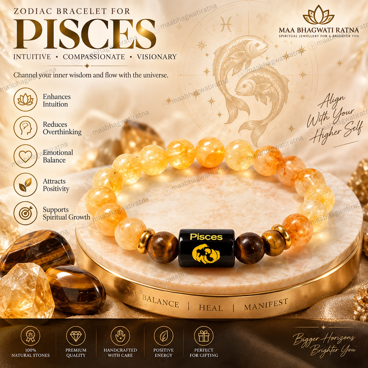 Pisces Rashi Bracelet – Meena Rashi Citrine & Tiger Eye Gemstone Bracelet