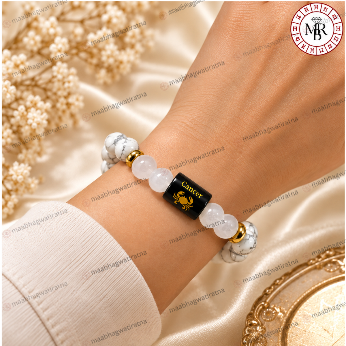 Cancer Rashi Bracelet – Karka Rashi White Gemstone & Zodiac Bracelet