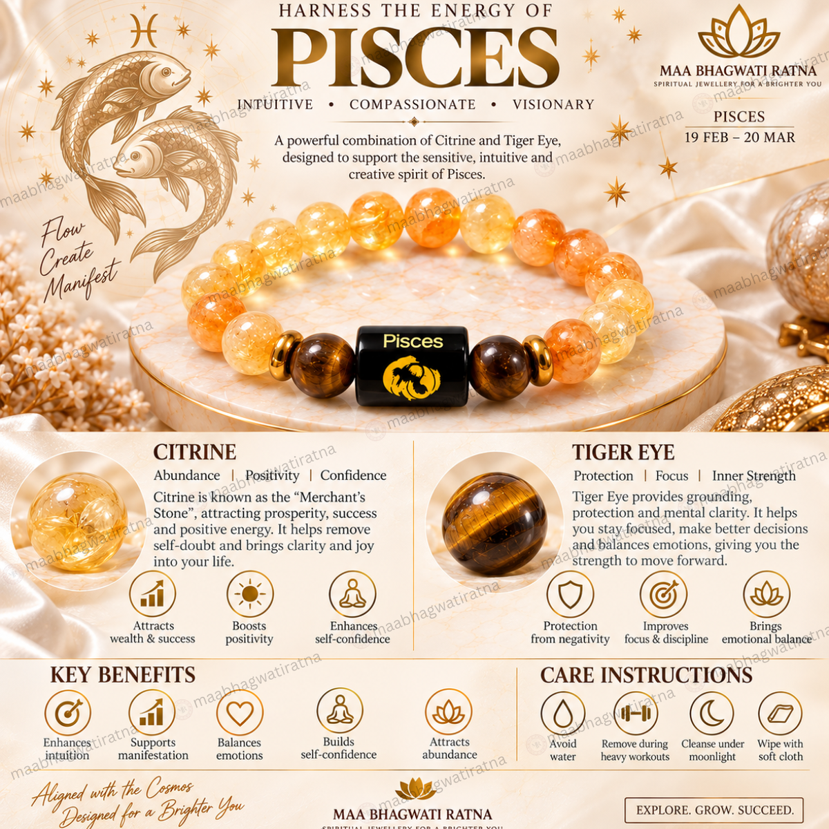 Pisces Rashi Bracelet – Meena Rashi Citrine & Tiger Eye Gemstone Bracelet