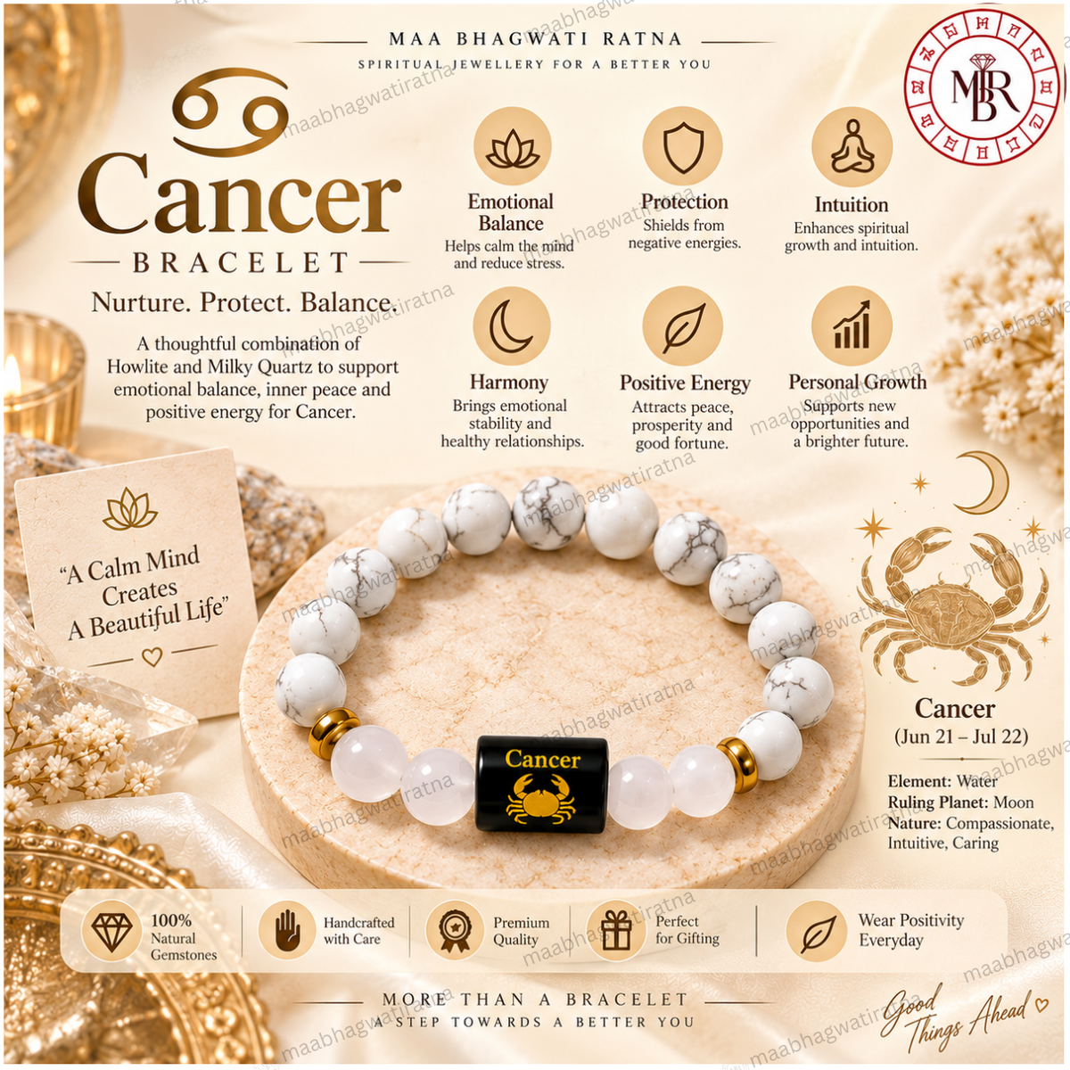 Cancer Rashi Bracelet – Karka Rashi White Gemstone & Zodiac Bracelet