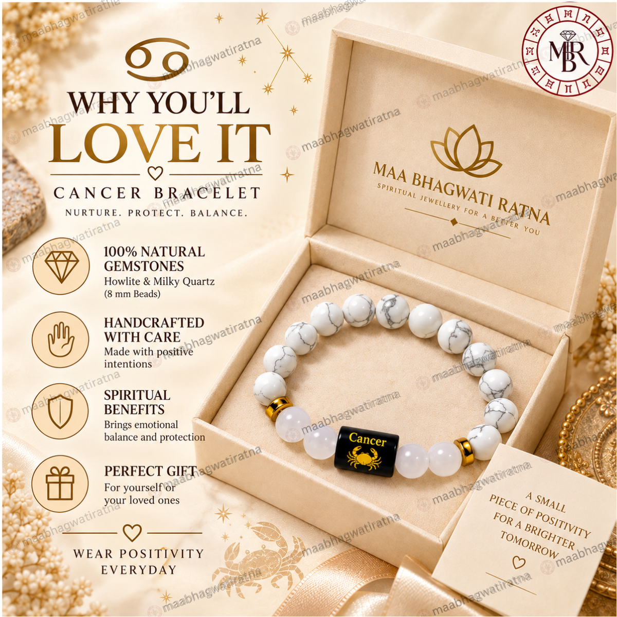 Cancer Rashi Bracelet – Karka Rashi White Gemstone & Zodiac Bracelet