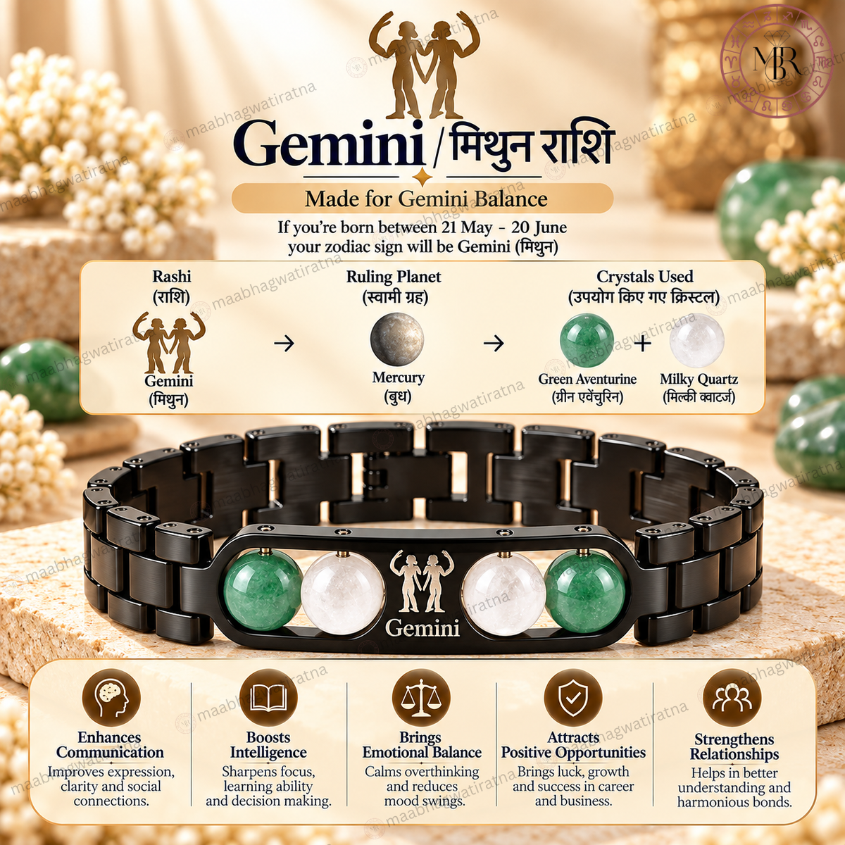 Gemini (मिथुन राशि) Metal Zodiac Bracelet for Men & Women