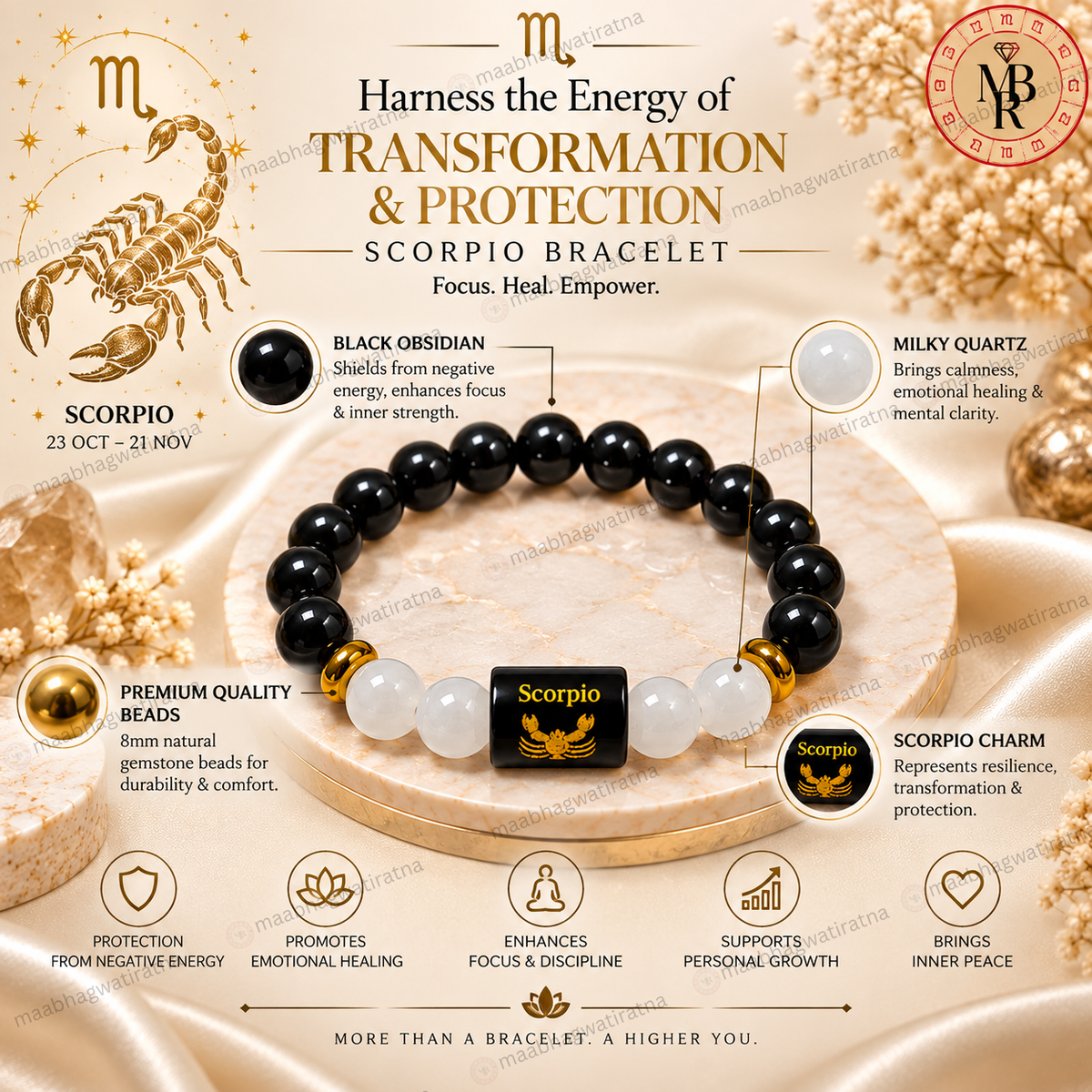 Scorpio Rashi Bracelet – Vrishchika Rashi Black Obsidian & White Stone Bracelet