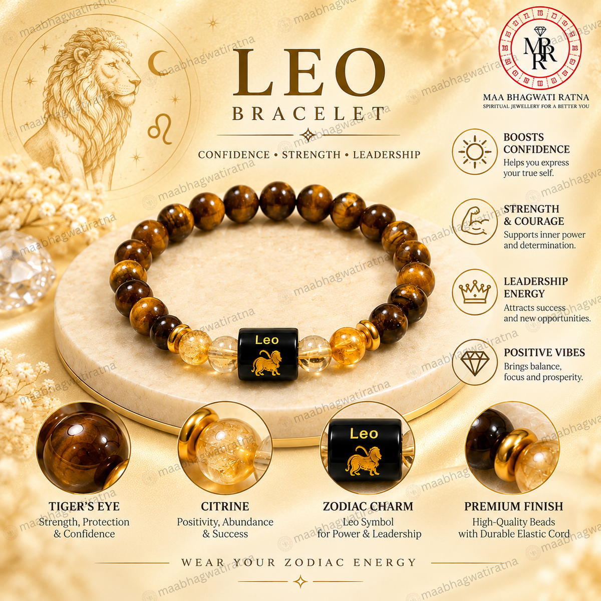 Leo Rashi Bracelet – Simha Rashi Tiger Eye, Citrine & Clear Quartz