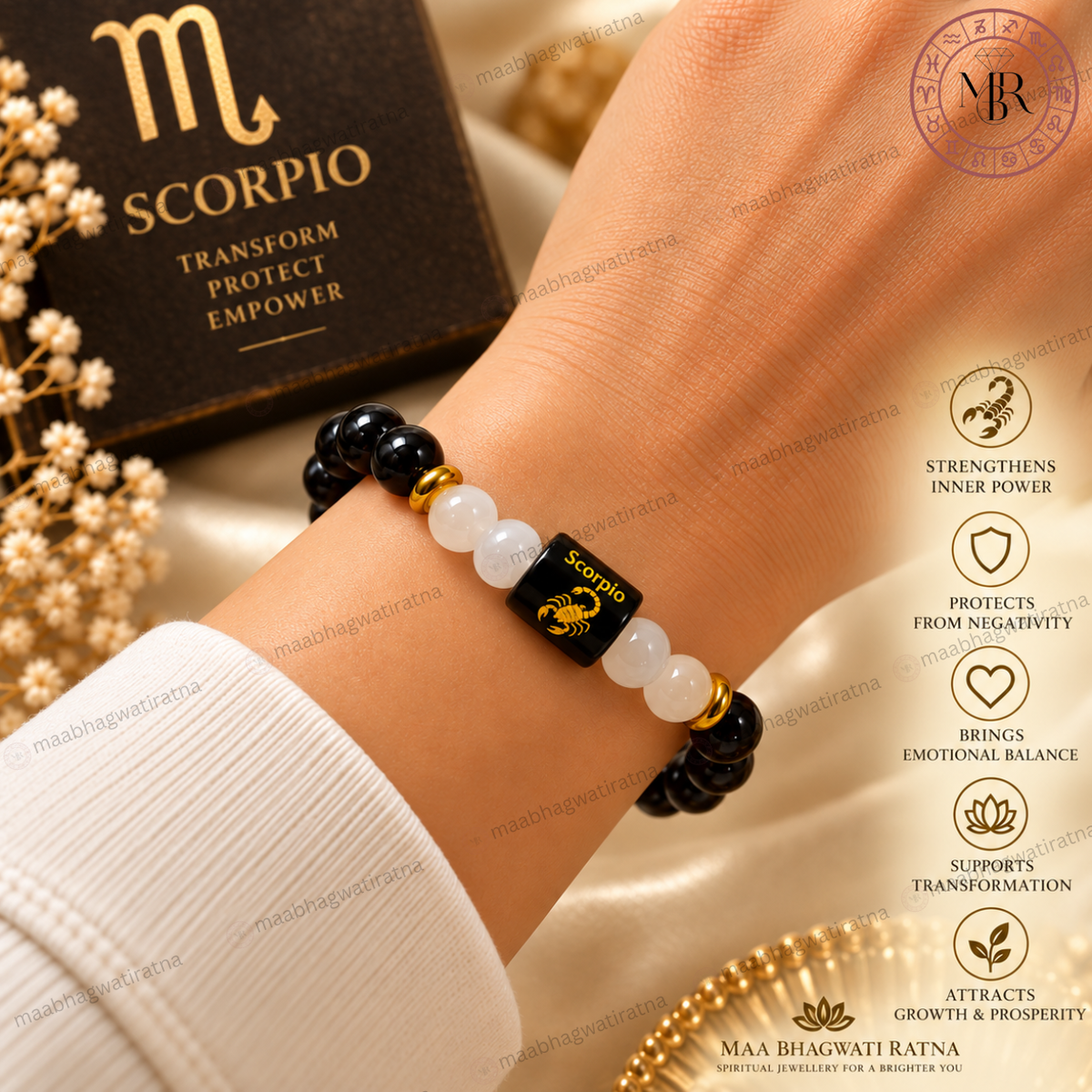 Scorpio Rashi Bracelet – Vrishchika Rashi Black Obsidian & White Stone Bracelet
