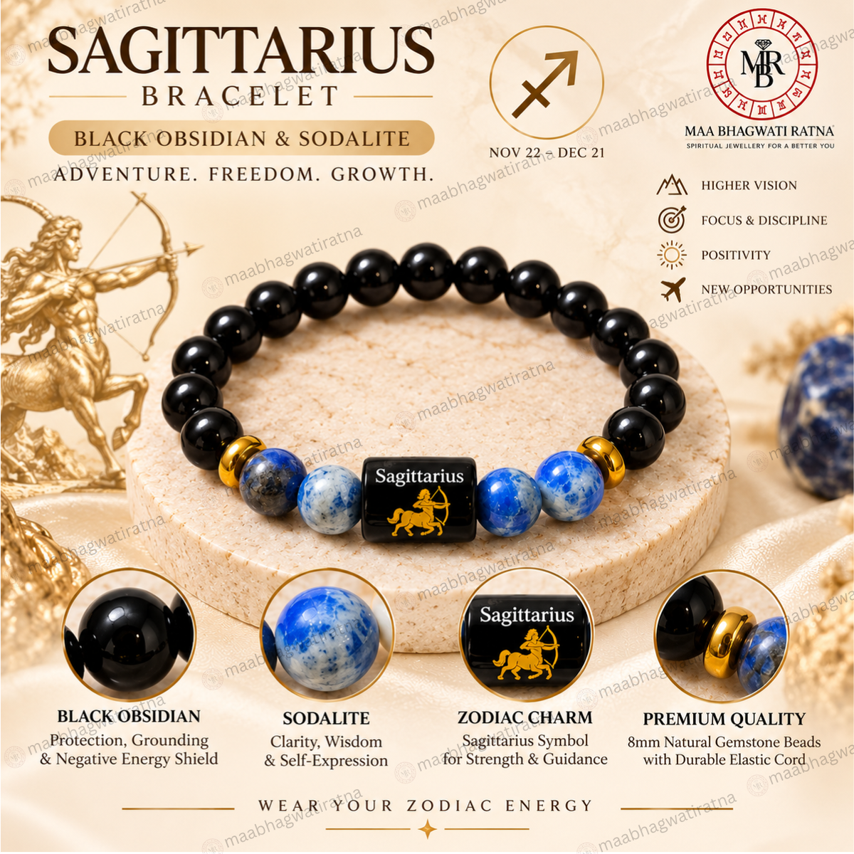 Sagittarius Rashi Bracelet – Dhanu Rashi Black & Blue Gemstone Bracelet