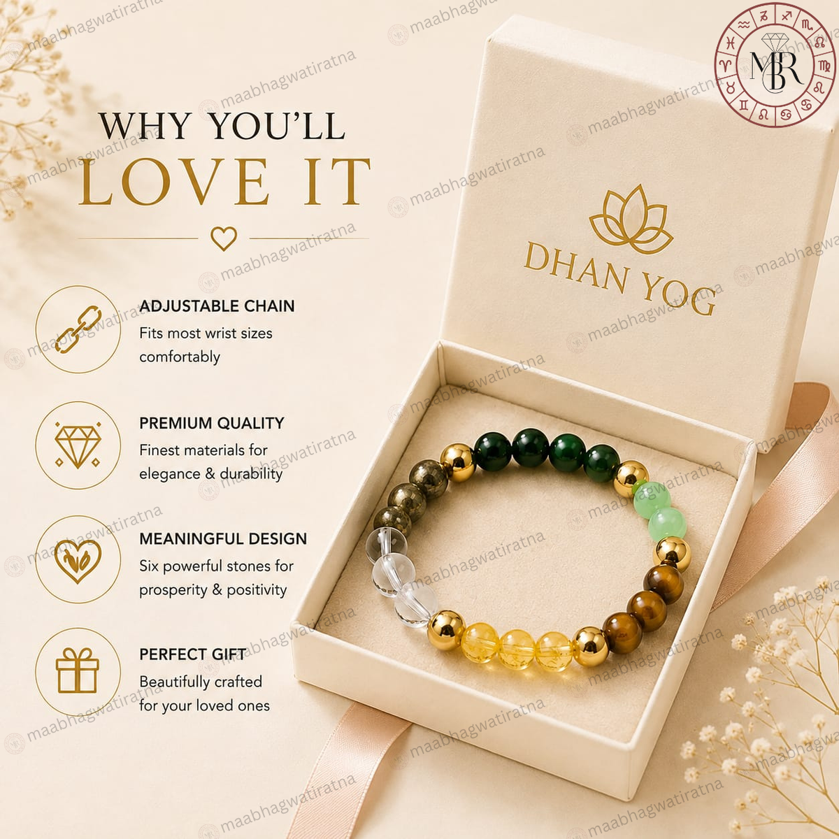 Dhan Yog – Citrine, Tiger Eye, Pyrite, Clear Quartz, Green Aventurine & Green Jade Bracelet