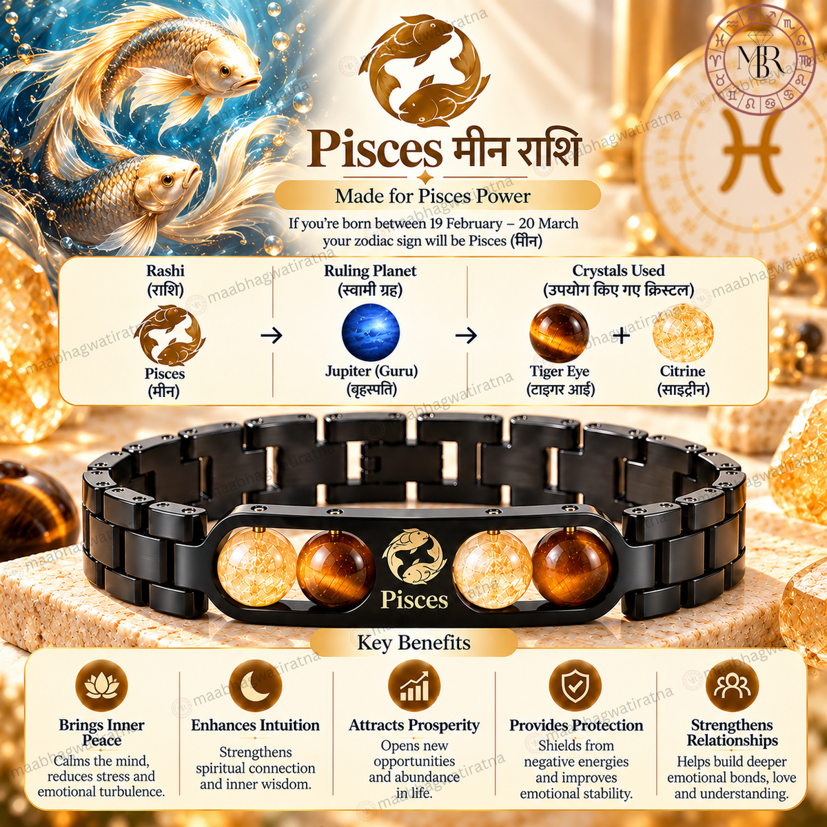 Pisces (मीन राशि) Metal Zodiac Bracelet for Men & Women