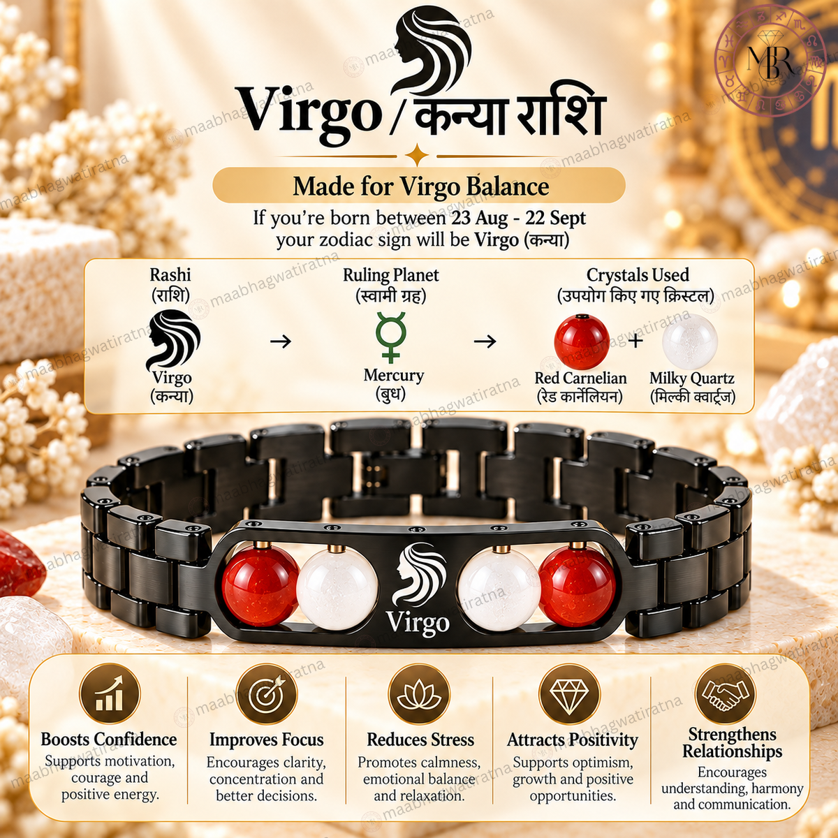 Virgo (कन्या राशि) Metal Zodiac Bracelet for Men & Women