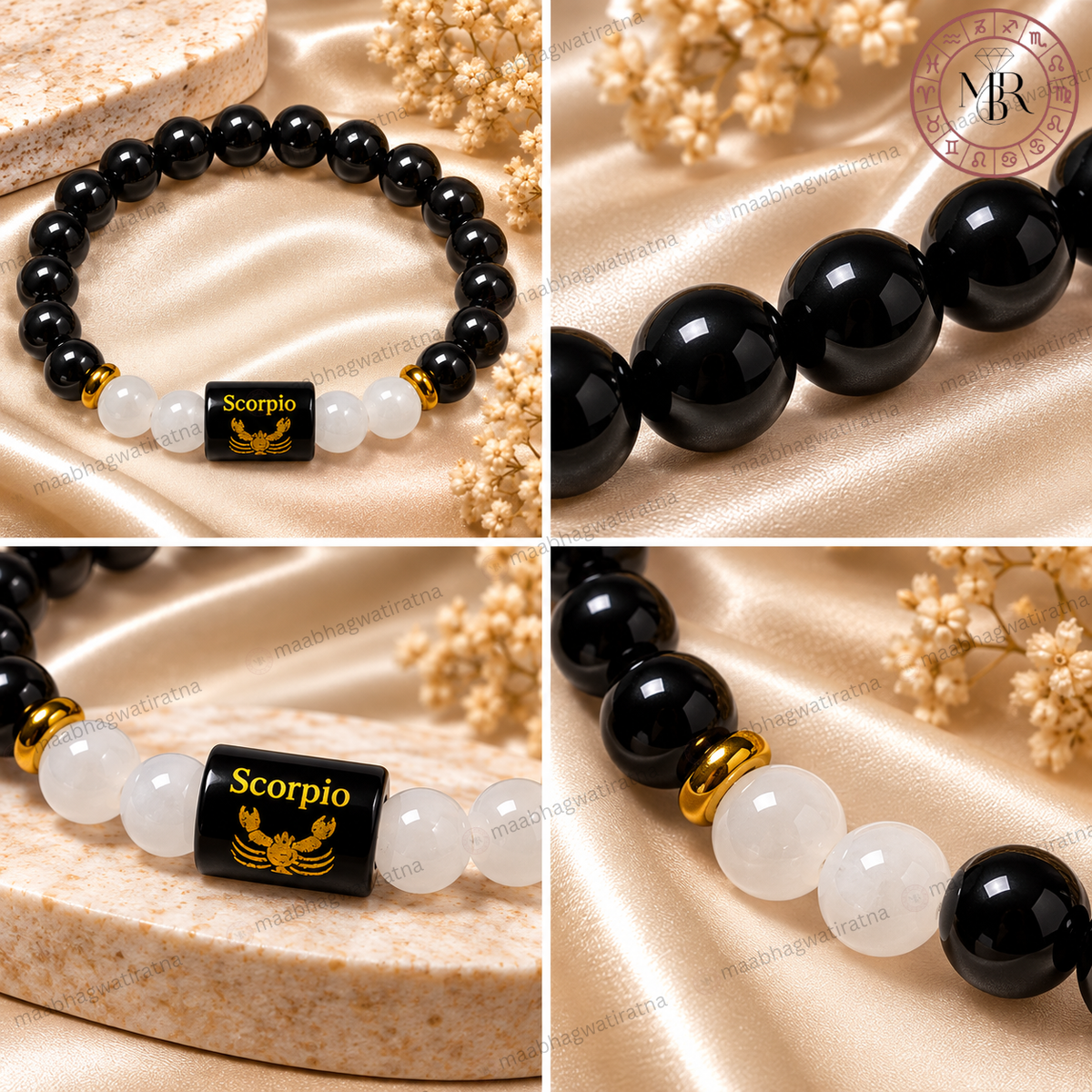Scorpio Rashi Bracelet – Vrishchika Rashi Black Obsidian & White Stone Bracelet