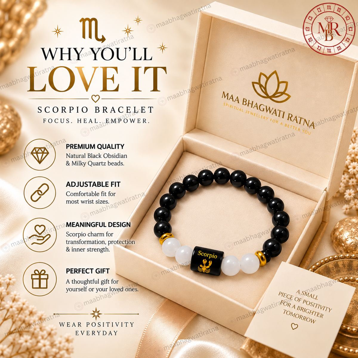 Scorpio Rashi Bracelet – Vrishchika Rashi Black Obsidian & White Stone Bracelet