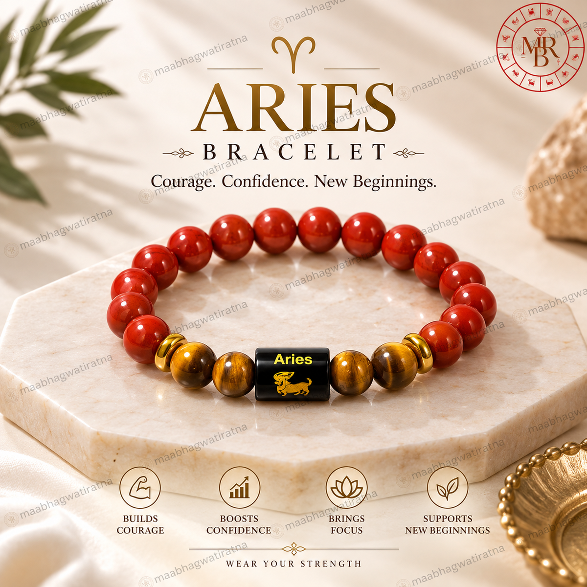 Aries Rashi Bracelet – Mesha Rashi Red Carnelian & Tiger Eye Gemstone Bracelet