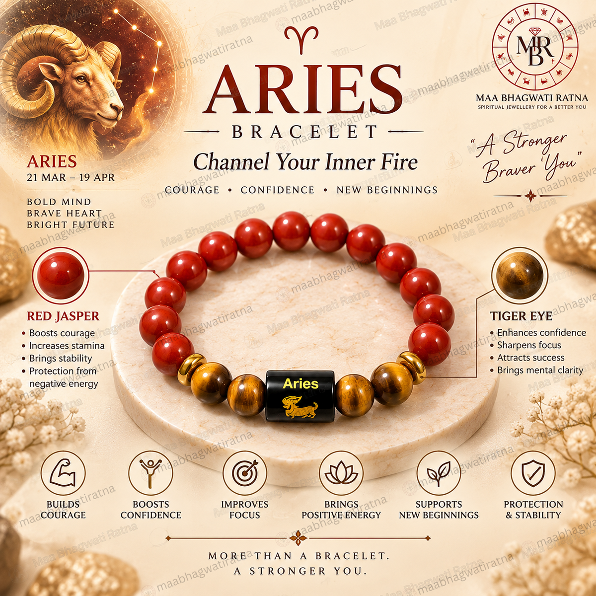 Aries Rashi Bracelet – Mesha Rashi Red Carnelian & Tiger Eye Gemstone Bracelet