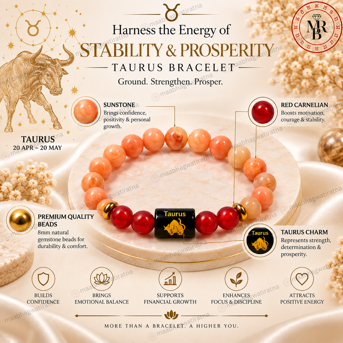 Taurus Rashi Bracelet – Vrishabha Rashi Carnelian & Gemstone Bracelet
