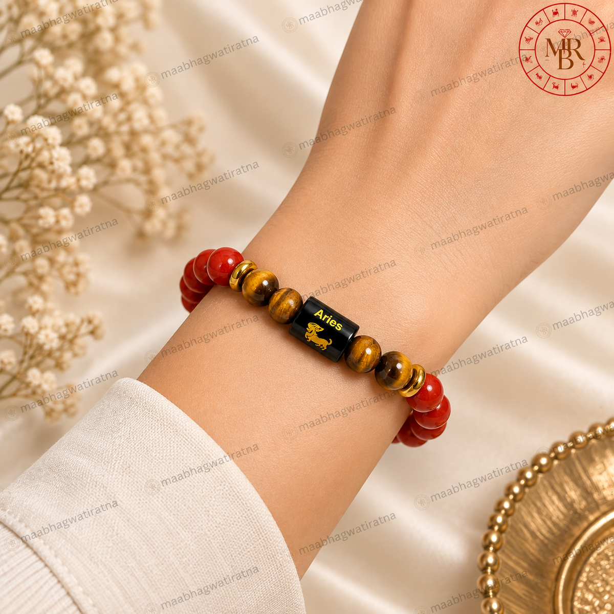 Aries Rashi Bracelet – Mesha Rashi Red Carnelian & Tiger Eye Gemstone Bracelet