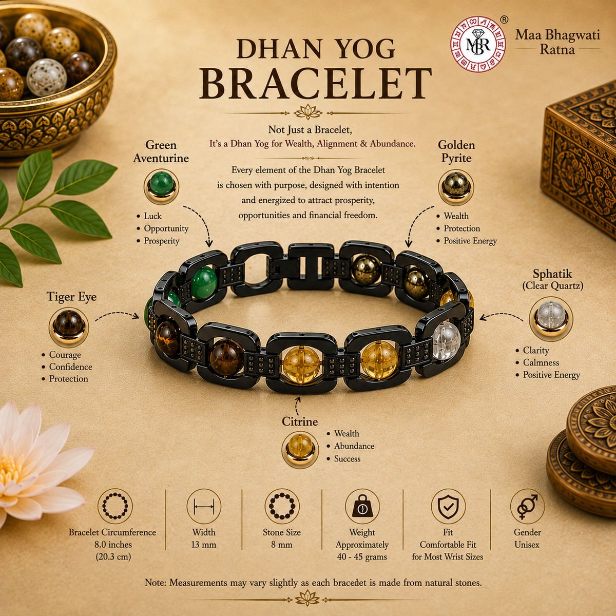 Dhan Yog Bracelet – Tiger Eye, Citrine, Pyrite & Crystal